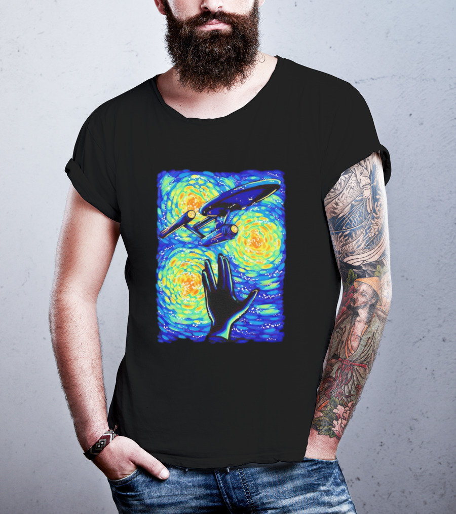 Star Trek Enterprise In Starry Night With Vulcan Salute Starry Trek T-Shirt