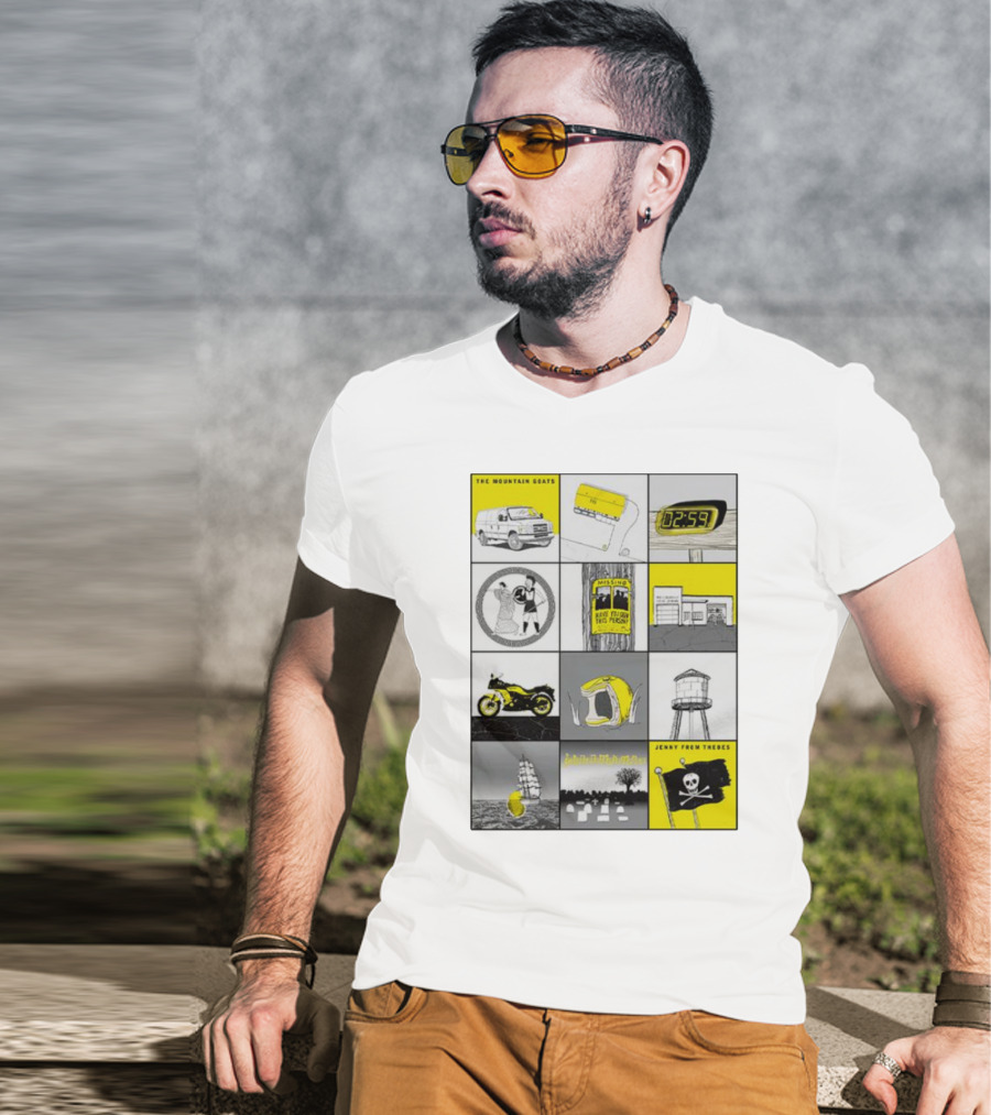 The Mountain Goats Jenny From Thebes Album Art Collage With Van Cassette Clock Sports Motorcycle Tree Water Tower Pirate Ship T-Shirt