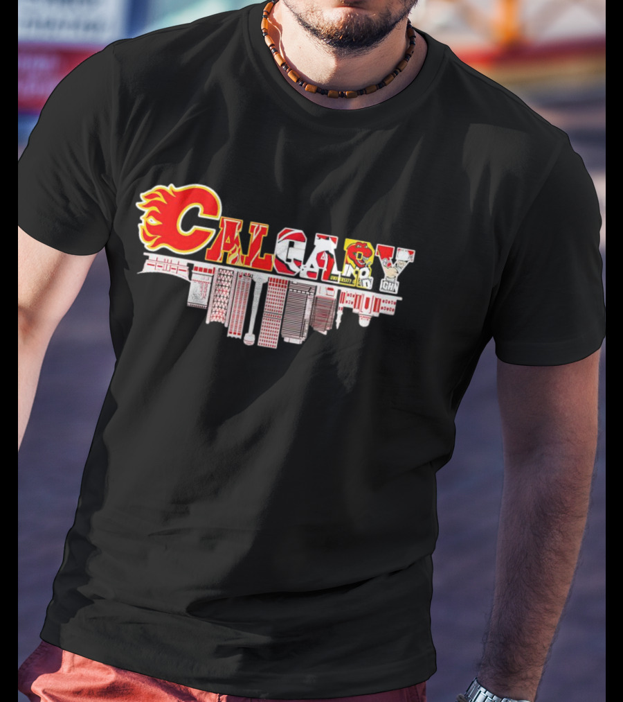 Calgary Flames Inspired Cityscape With Upside Down Skyline And Team Elements T-Shirt