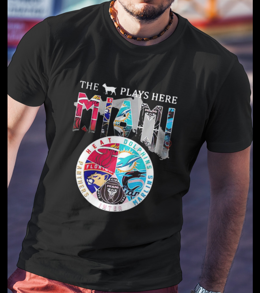 Miami Sports Team Logos Panther Heat Dolphins Marlins Inter The Goat Plays Here T-Shirt