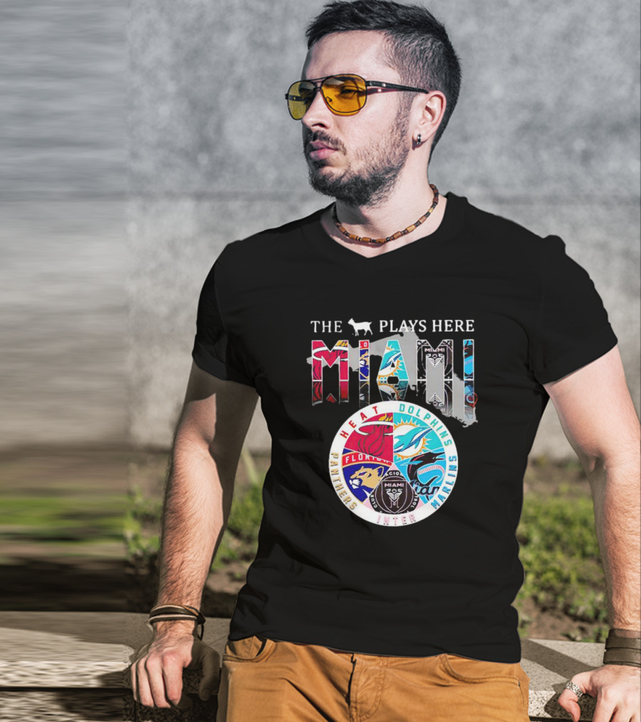 Miami Sports Team Logos Panther Heat Dolphins Marlins Inter The Goat Plays Here T-Shirt