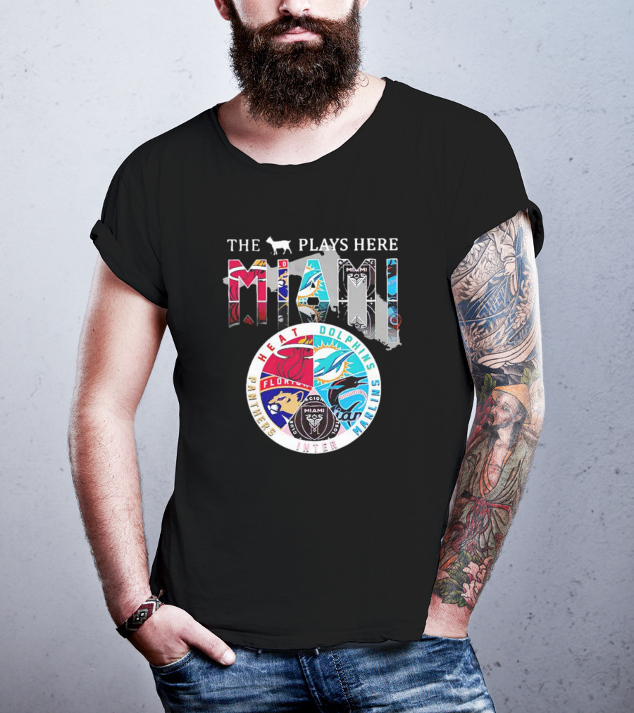 Miami Sports Team Logos Panther Heat Dolphins Marlins Inter The Goat Plays Here T-Shirt