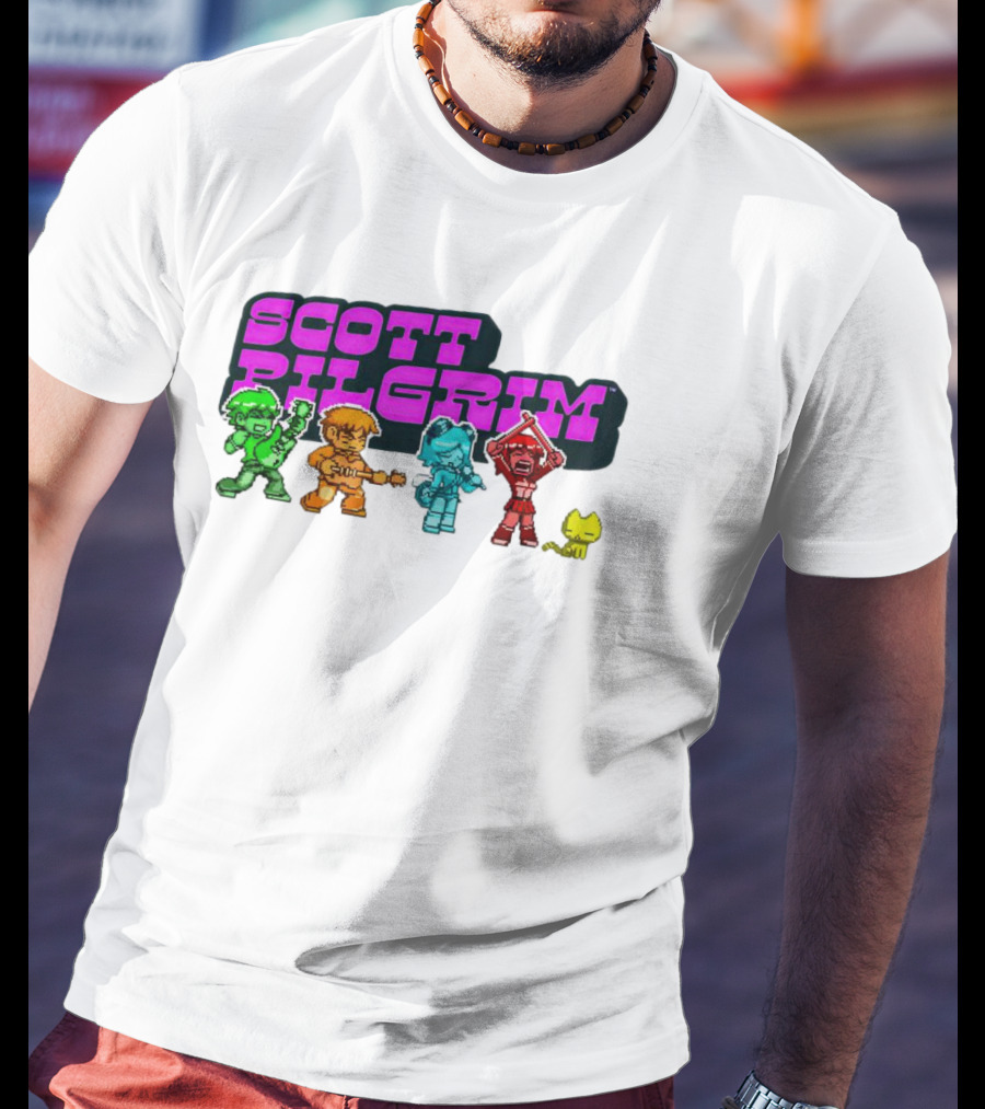 Scott Pilgrim Pixel Characters With Neon Title And Cat T-Shirt