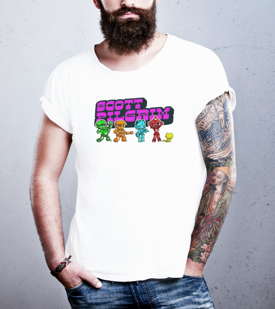Scott Pilgrim Pixel Characters With Neon Title And Cat T-Shirt