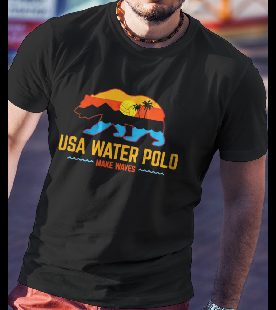 USA Water Polo Bear Make Waves Sunset Palm Trees Volleyball T-Shirt