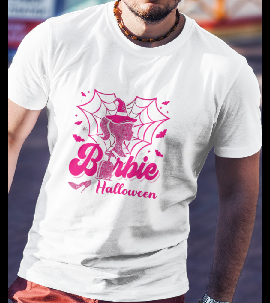 Barbie Halloween Witch Hat Cobweb Silhouette Pink Text Bat Heels T-Shirt