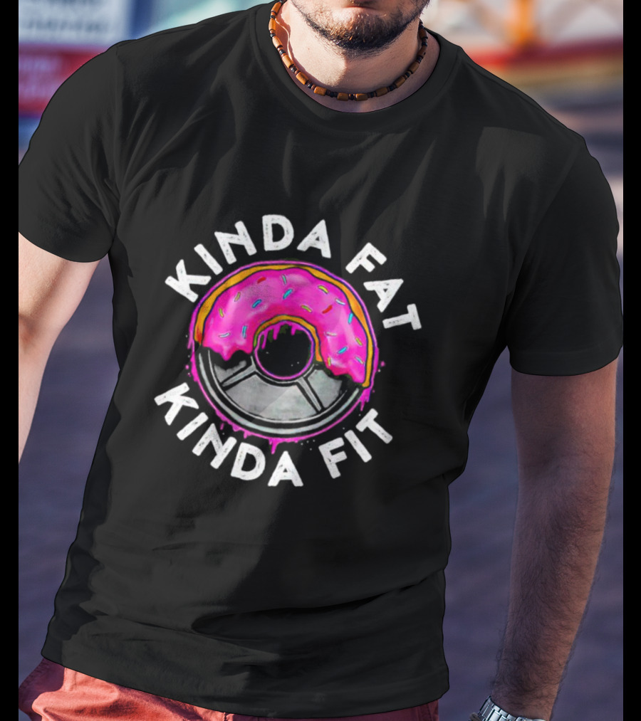 Kinda Fat Kinda Fit Pink Frosted Donut With Sprinkles And Weight Plate T-Shirt