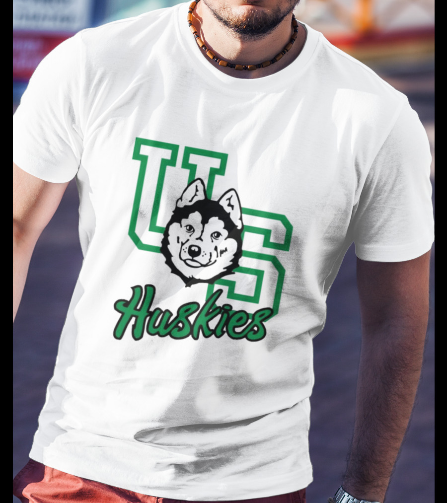 U Of S Huskies Logo With Husky Face Overlapping Bold Green Letters T-Shirt
