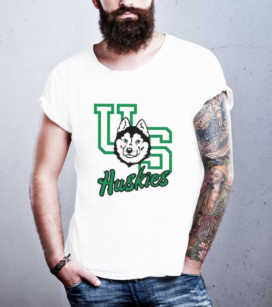 U Of S Huskies Logo With Husky Face Overlapping Bold Green Letters T-Shirt