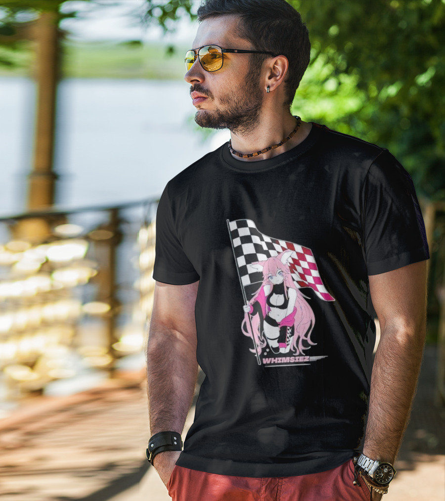 Whimsiez Checkered Flag Pink-Haired Girl Racing T-Shirt