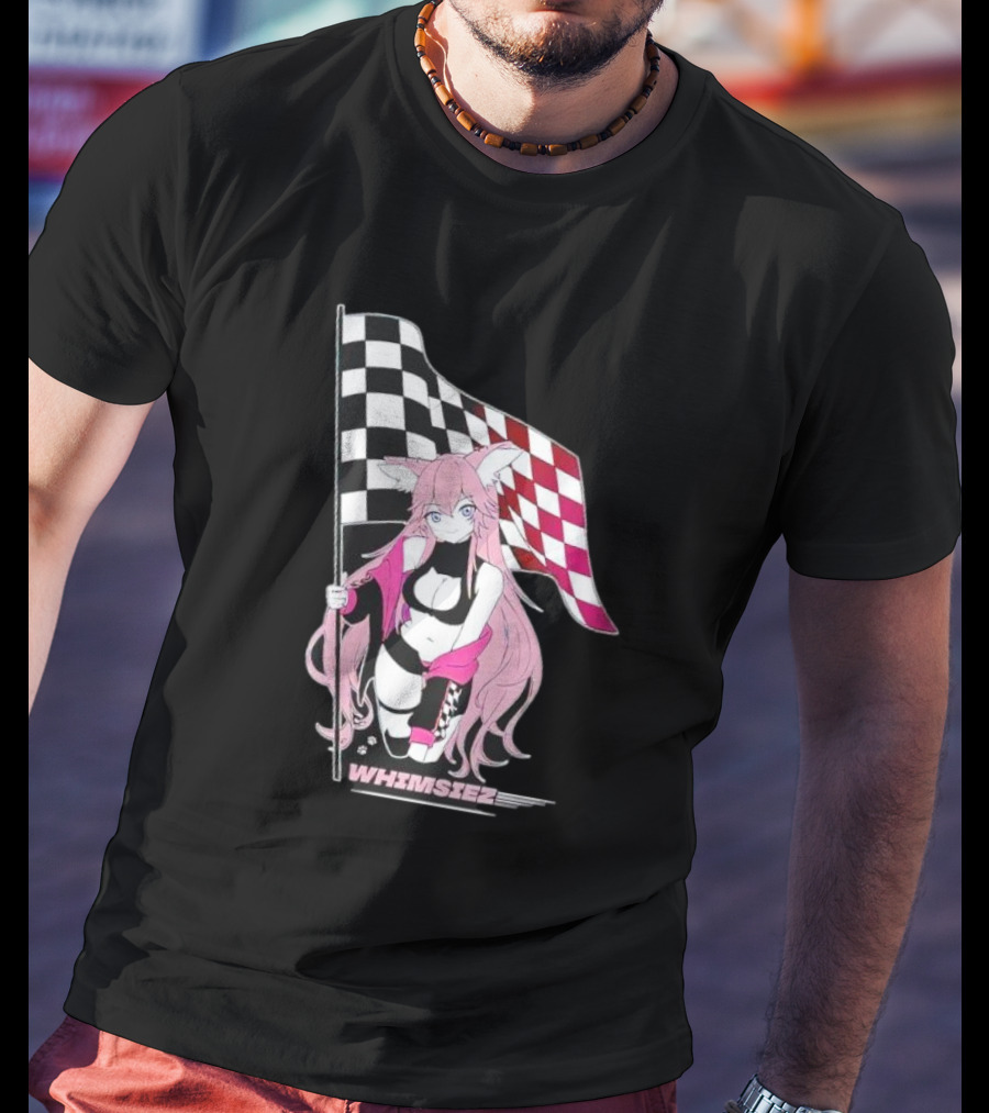 Whimsiez Checkered Flag Pink-Haired Girl Racing T-Shirt