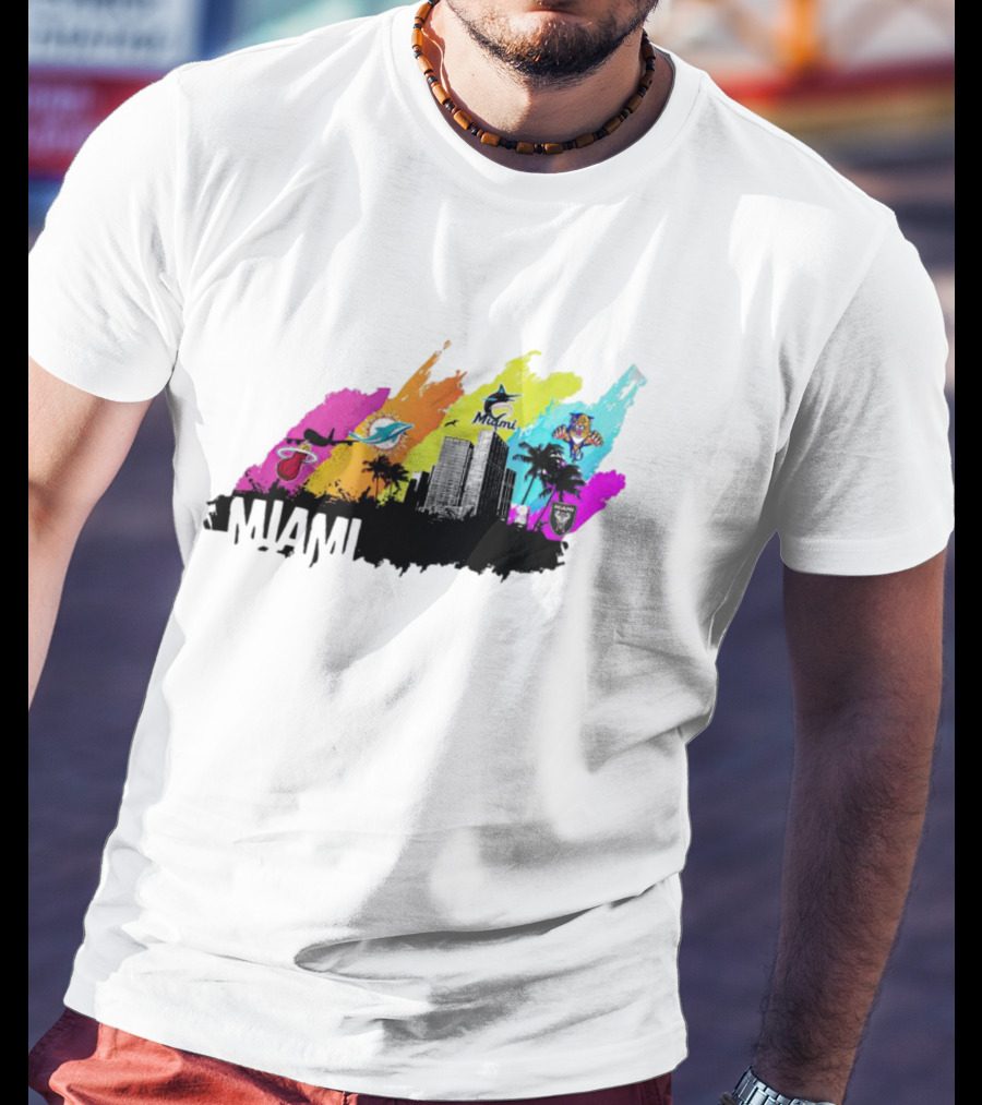 Miami City Skyline With Sports Team Logos And Vibrant Colors T-Shirt