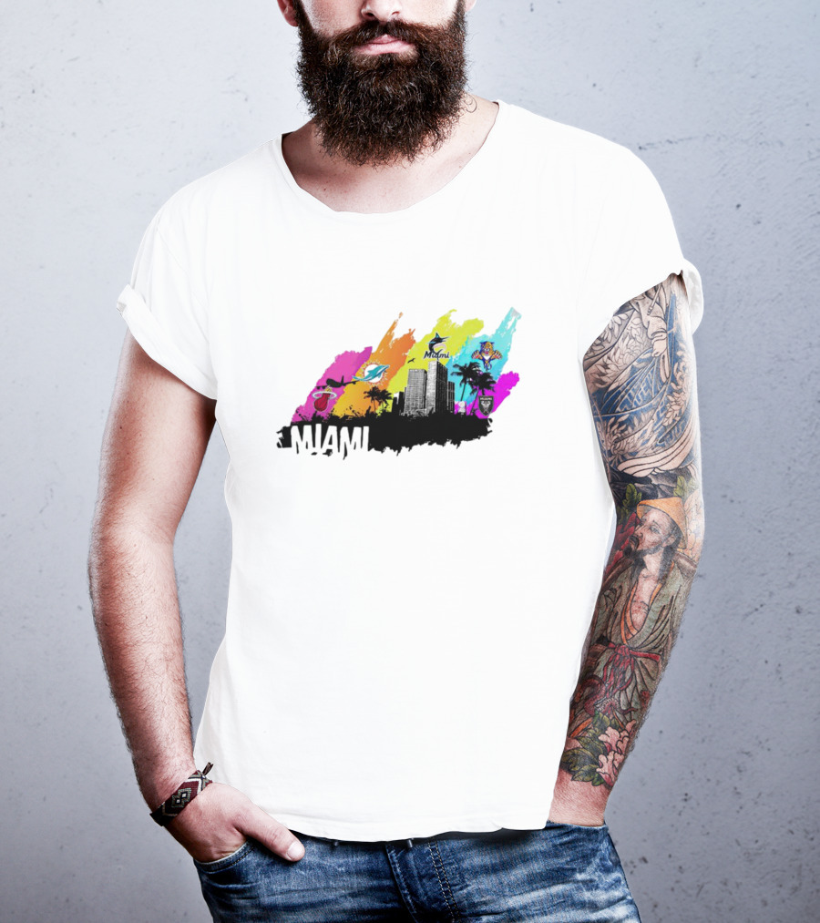 Miami City Skyline With Sports Team Logos And Vibrant Colors T-Shirt