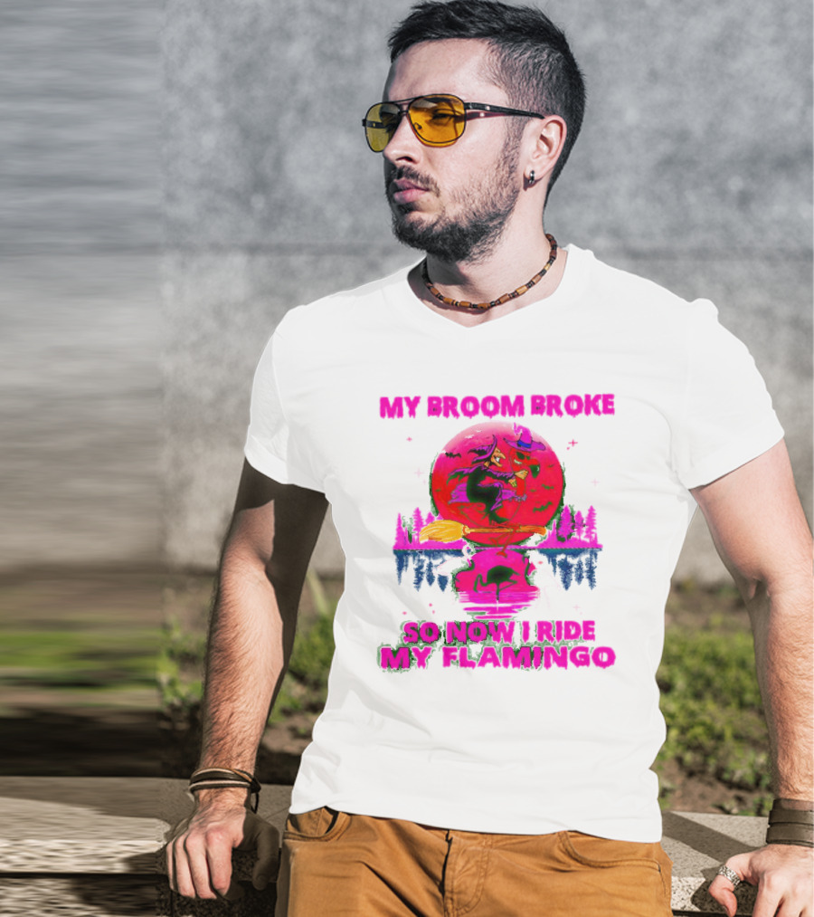 My Broom Broke So Now I Ride My Flamingo Neon Witch And Flamingo Moon Scene T-Shirt