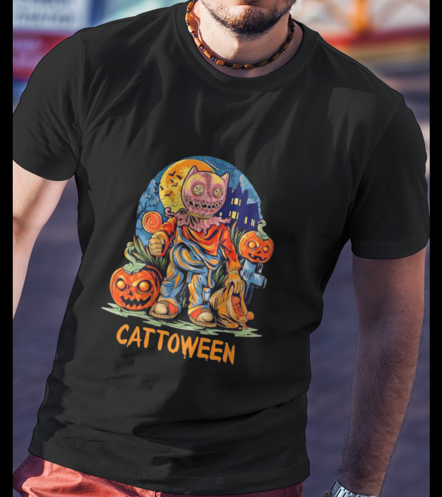 Cattoween Pumpkin Cat Monster Halloween Moon T-Shirt
