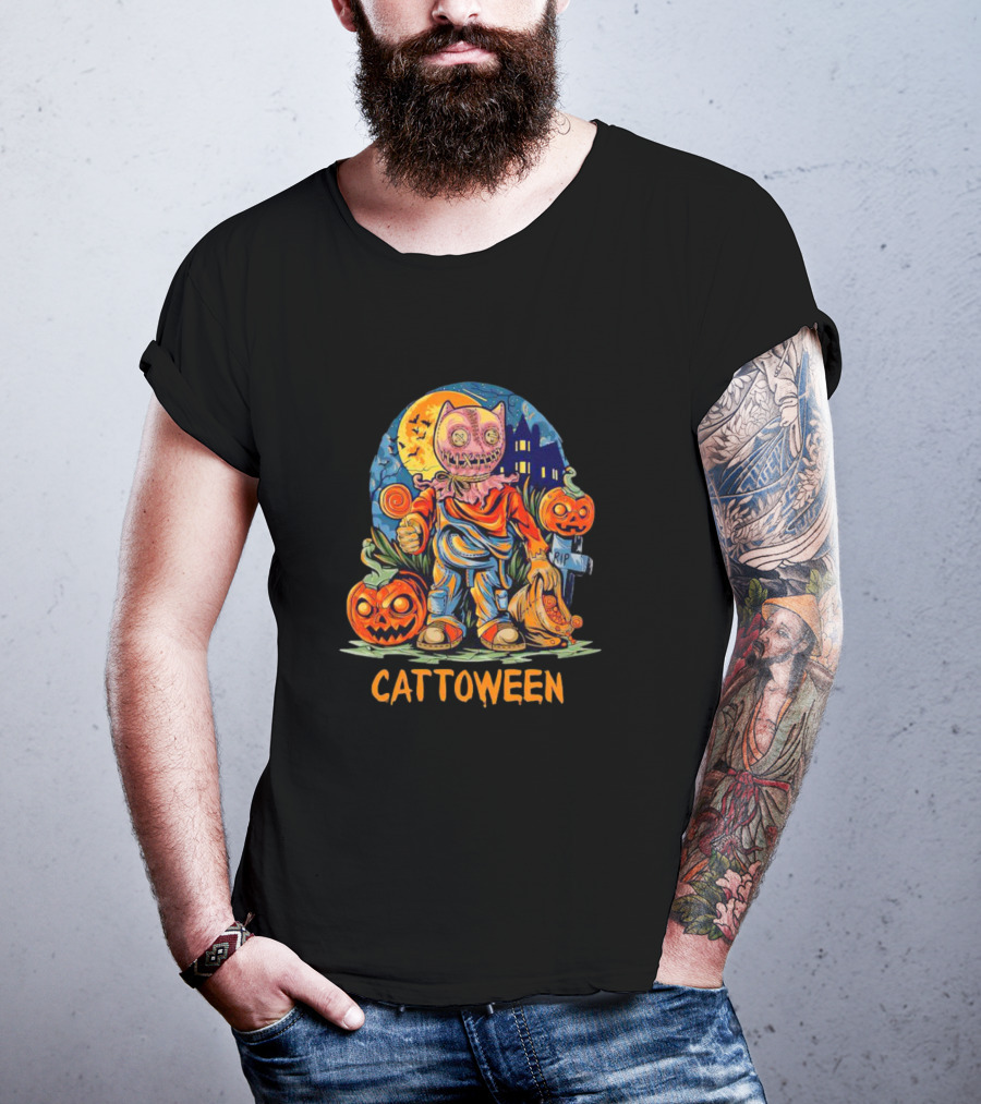 Cattoween Pumpkin Cat Monster Halloween Moon T-Shirt