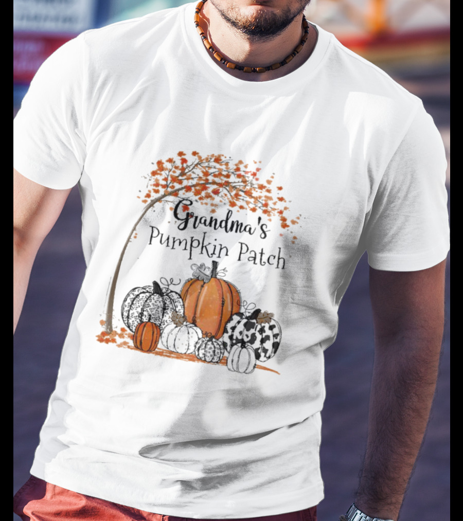 Grandma's Pumpkin Patch Autumn Harvest With Fall Leaves And Pumpkins T-Shirt