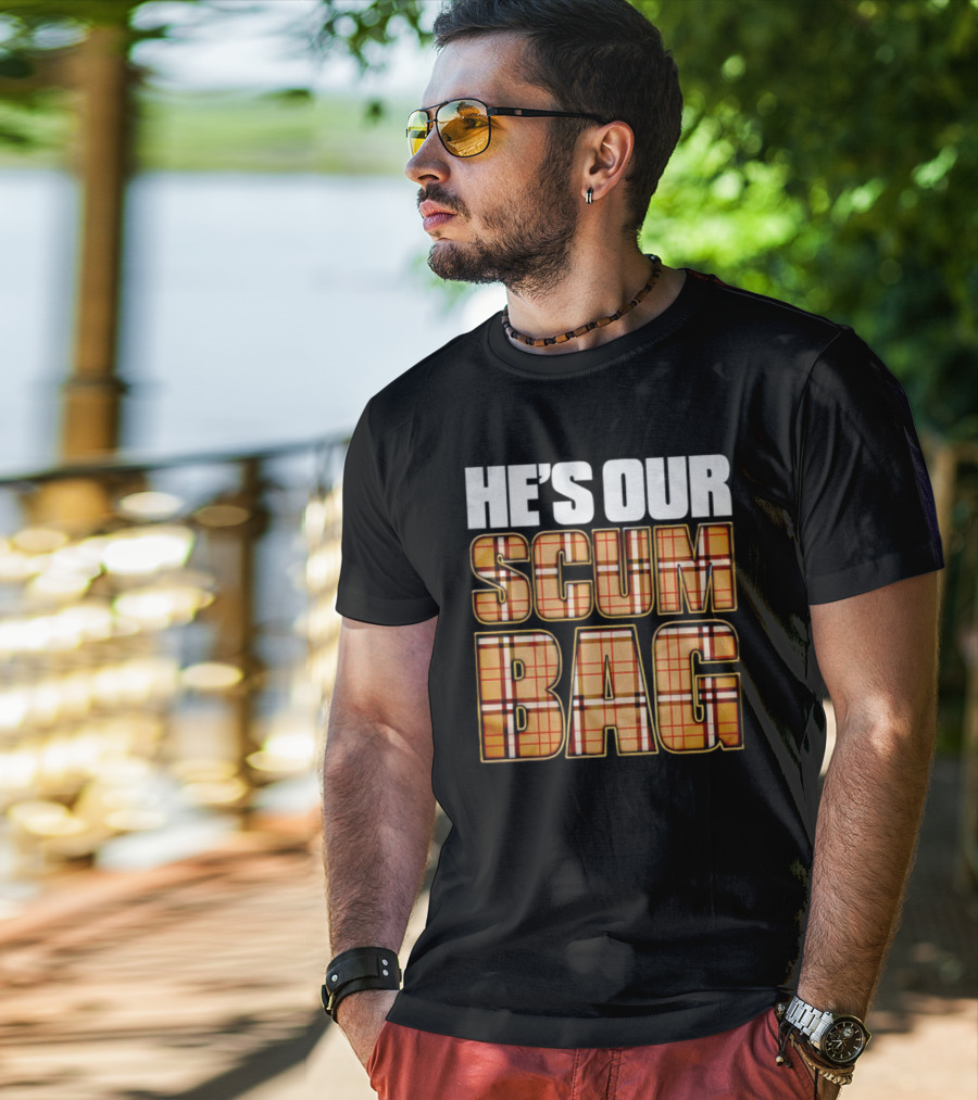 HE’S OUR SCUM BAG Plaid Typography T-Shirt