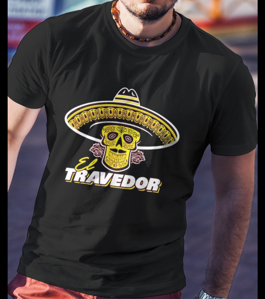 El Travedor Mexican Sugar Skull Sombrero Yellow Pink Roses T-Shirt