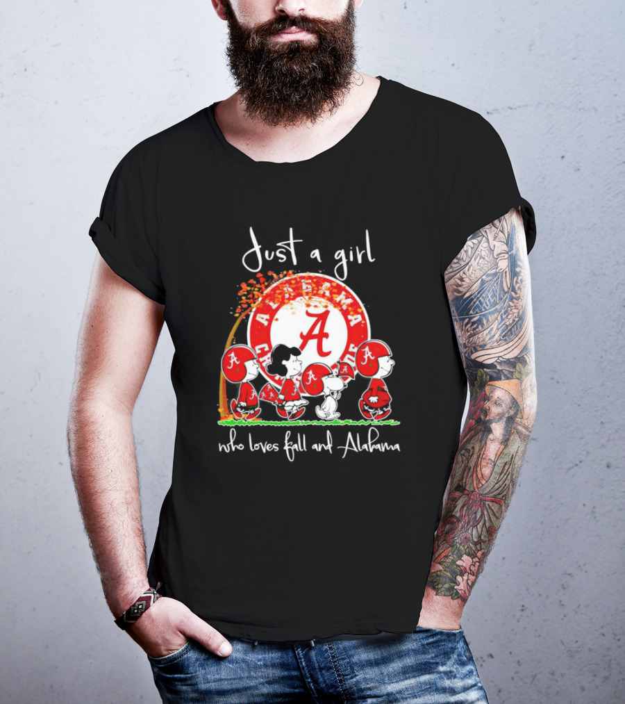 Peanuts Characters Just A Girl Who Loves Fall And Alabama Crimson Tide T-Shirt