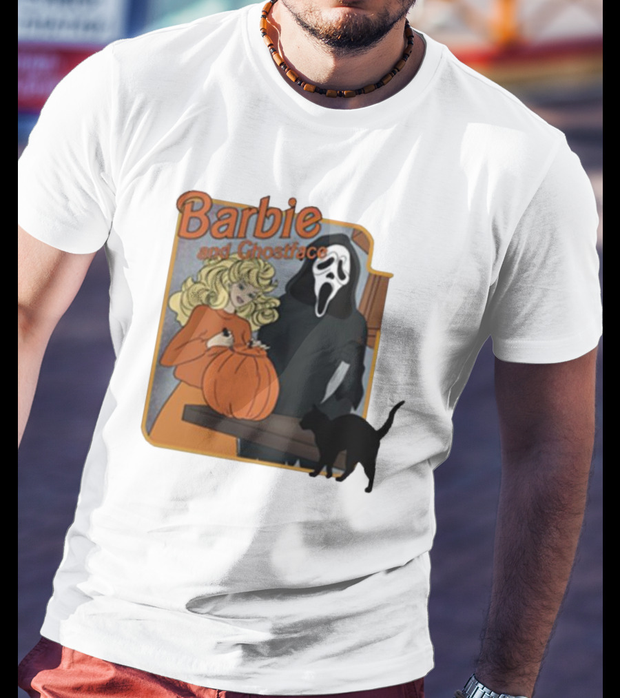 Barbie And Ghostface Halloween Pumpkin Carving Scene With Black Cat T-Shirt