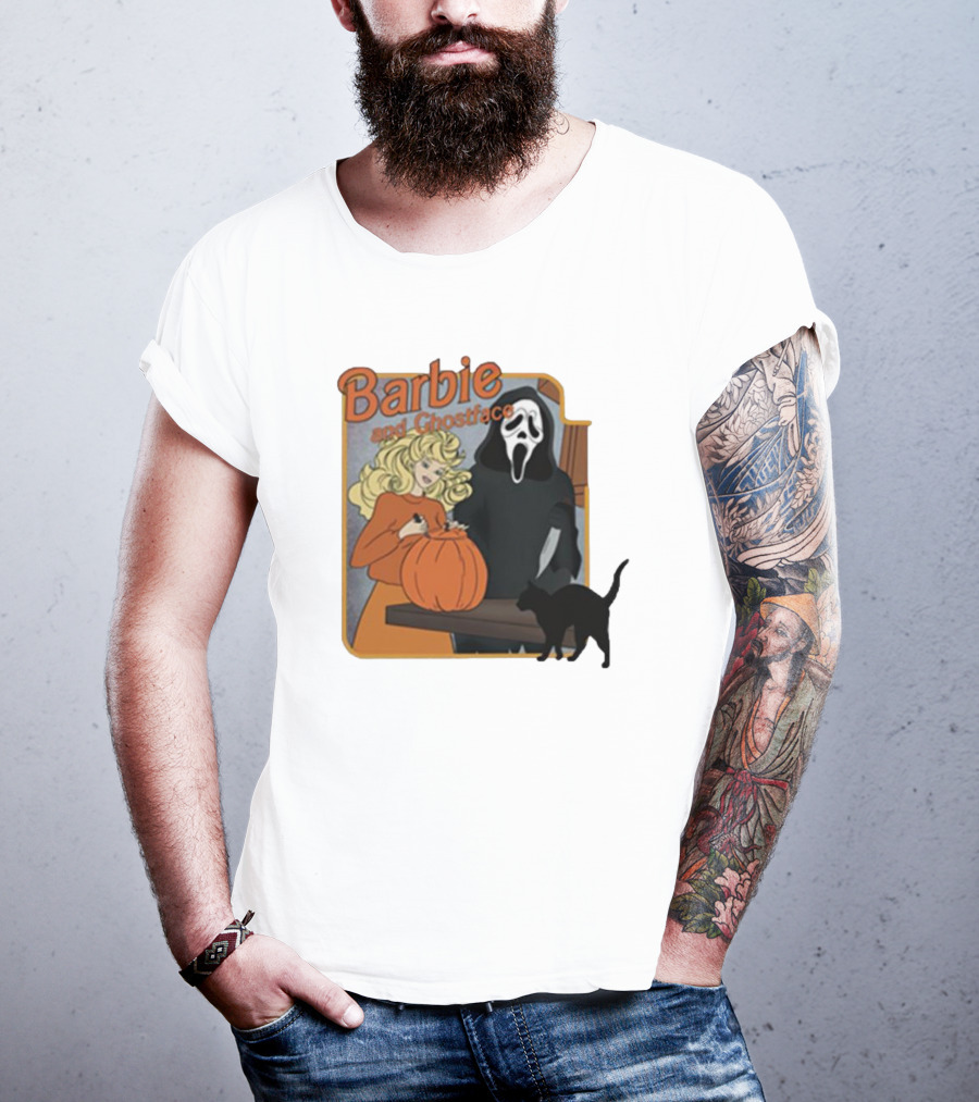 Barbie And Ghostface Halloween Pumpkin Carving Scene With Black Cat T-Shirt