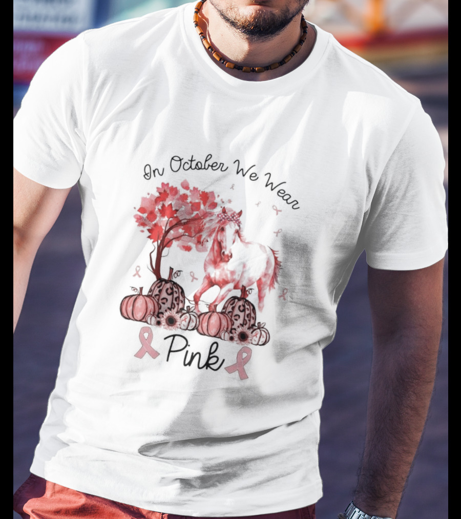 In October We Wear Pink Horse Ribbon Pumpkins Halloween T-Shirt