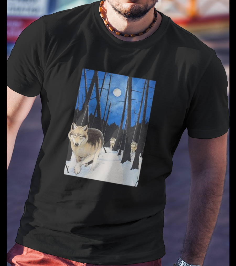 Snow 1995 Wild Earth Wolf Vintage Full Moon Forest Scene T-Shirt