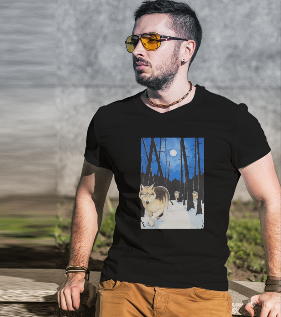 Snow 1995 Wild Earth Wolf Vintage Full Moon Forest Scene T-Shirt
