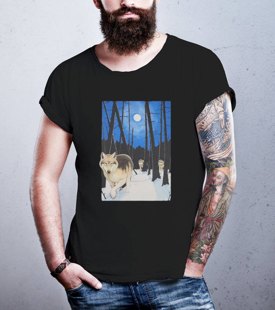 Snow 1995 Wild Earth Wolf Vintage Full Moon Forest Scene T-Shirt