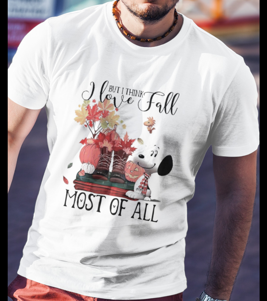 I Love Fall Most Of All Snoopy Dog With Boots Pumpkins And Leaves T-Shirt