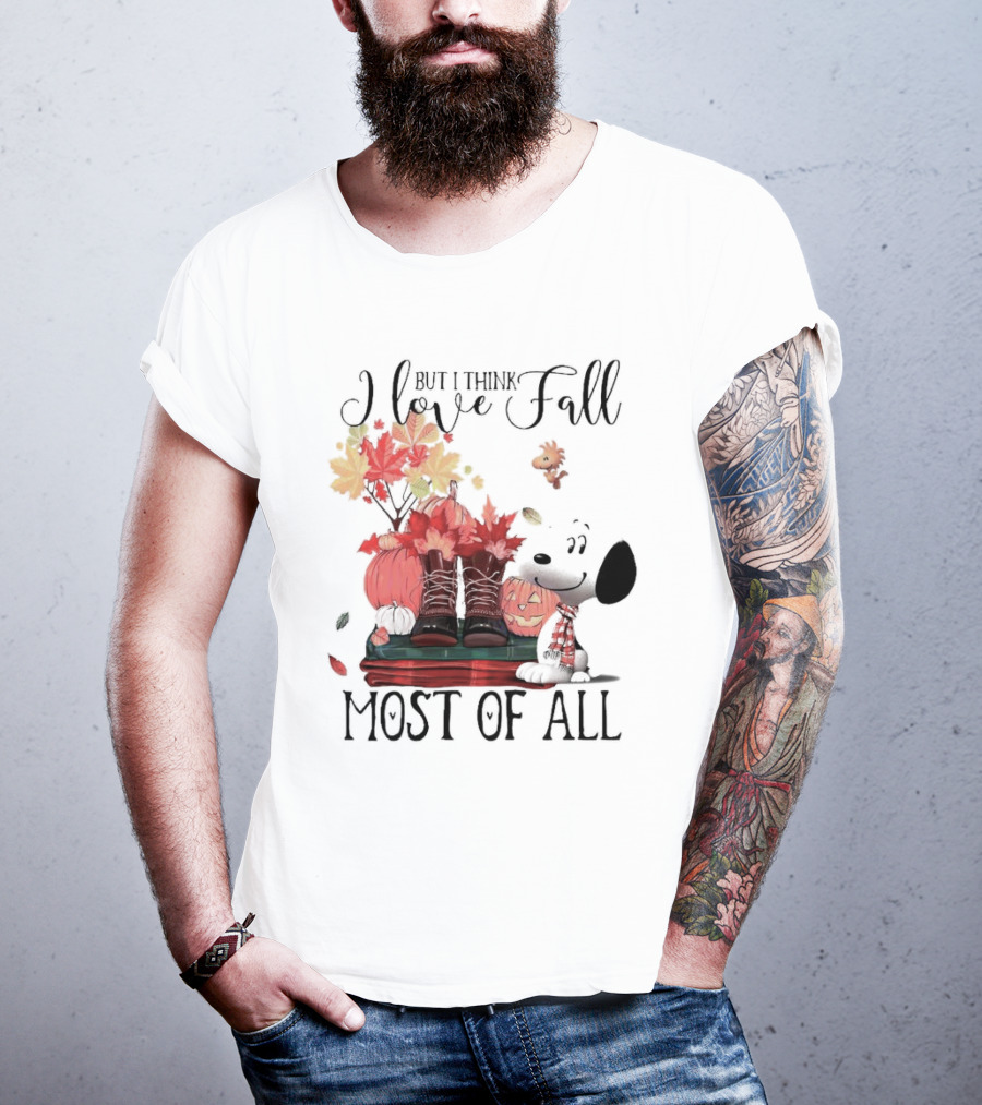 I Love Fall Most Of All Snoopy Dog With Boots Pumpkins And Leaves T-Shirt