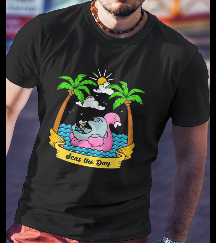 Seas The Day Relaxed Fit Palm Trees Flamingo Float Sunshine Clouds Ocean Waves T-Shirt