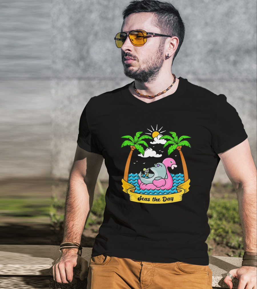 Seas The Day Relaxed Fit Palm Trees Flamingo Float Sunshine Clouds Ocean Waves T-Shirt