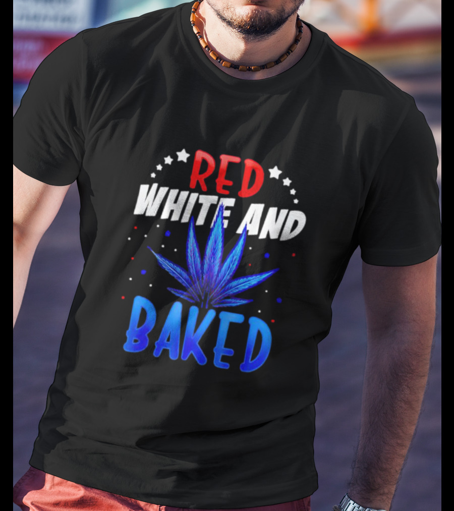 Red White And Baked Weed Leaf With Stars And Dots T-Shirt