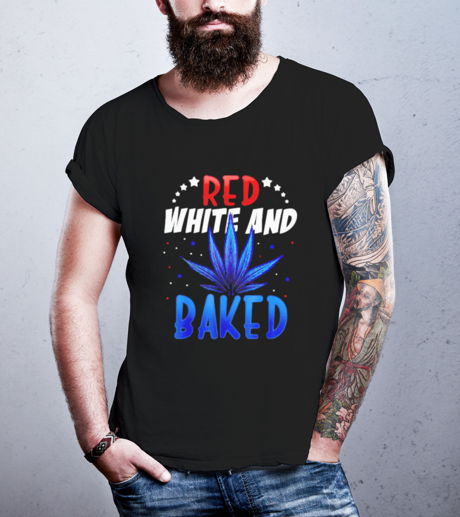 Red White And Baked Weed Leaf With Stars And Dots T-Shirt