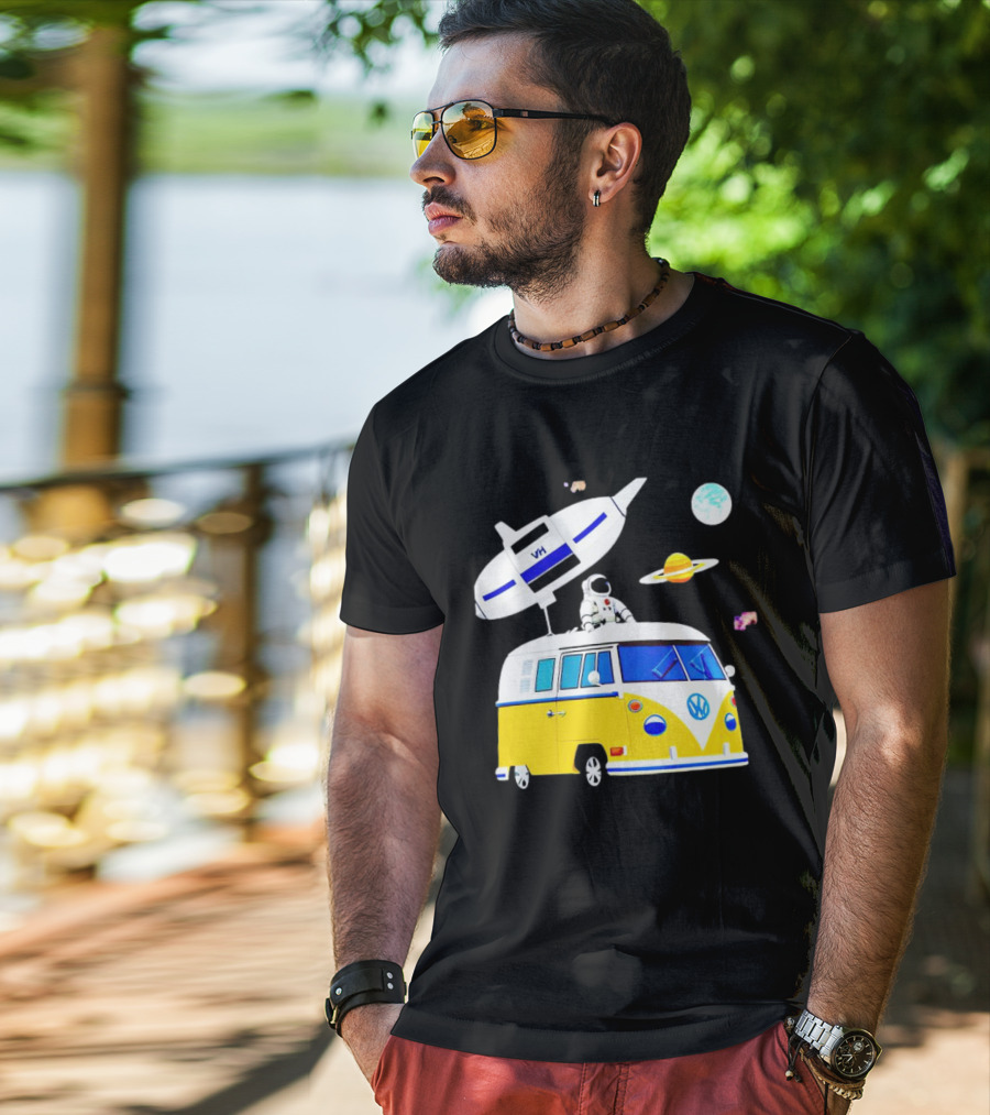 Astronaut Riding Yellow Volkswagen Bus With Rocket And Saturn Planet Background T-Shirt