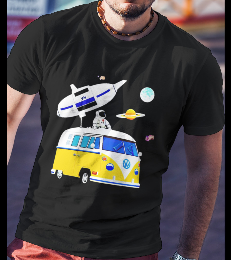 Astronaut Riding Yellow Volkswagen Bus With Rocket And Saturn Planet Background T-Shirt