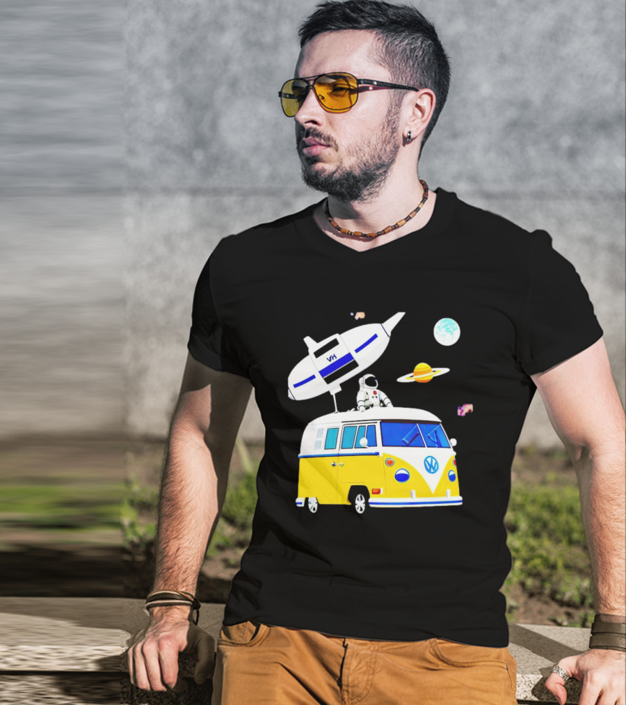 Astronaut Riding Yellow Volkswagen Bus With Rocket And Saturn Planet Background T-Shirt