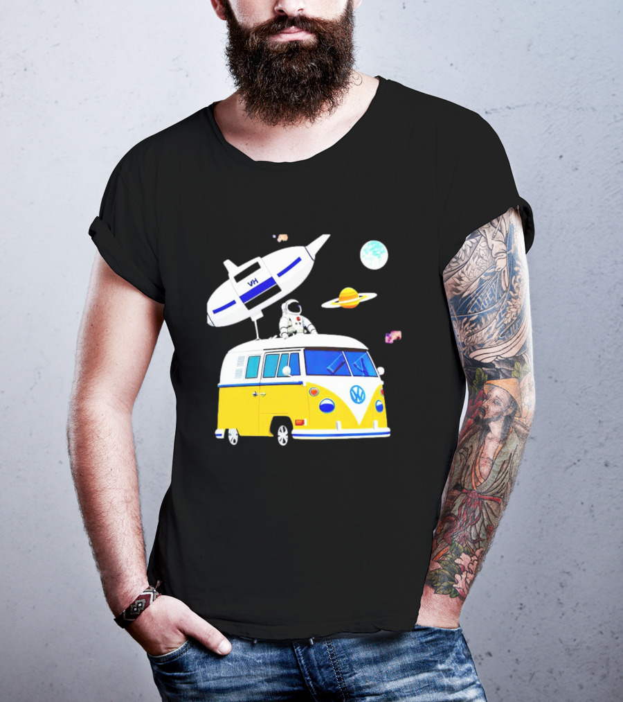 Astronaut Riding Yellow Volkswagen Bus With Rocket And Saturn Planet Background T-Shirt