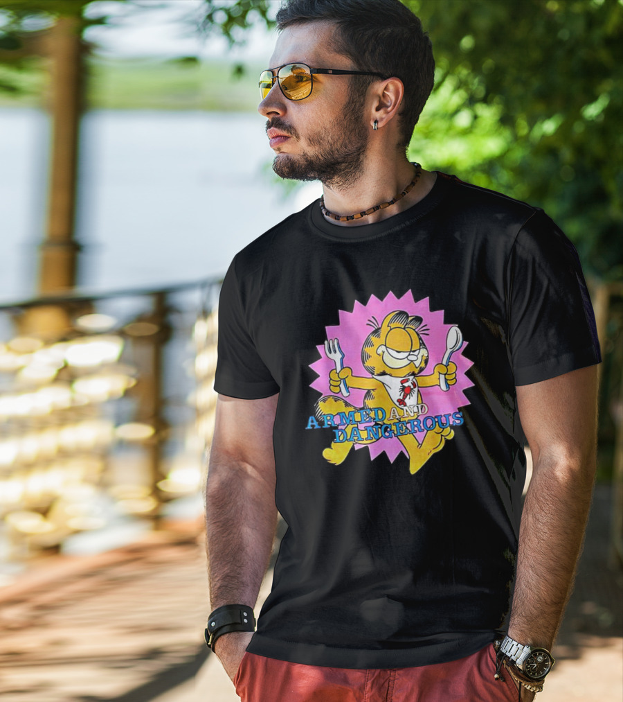 Armed And Dangerous Garfield With Fork And Spoon On Pink Starbursts T-Shirt