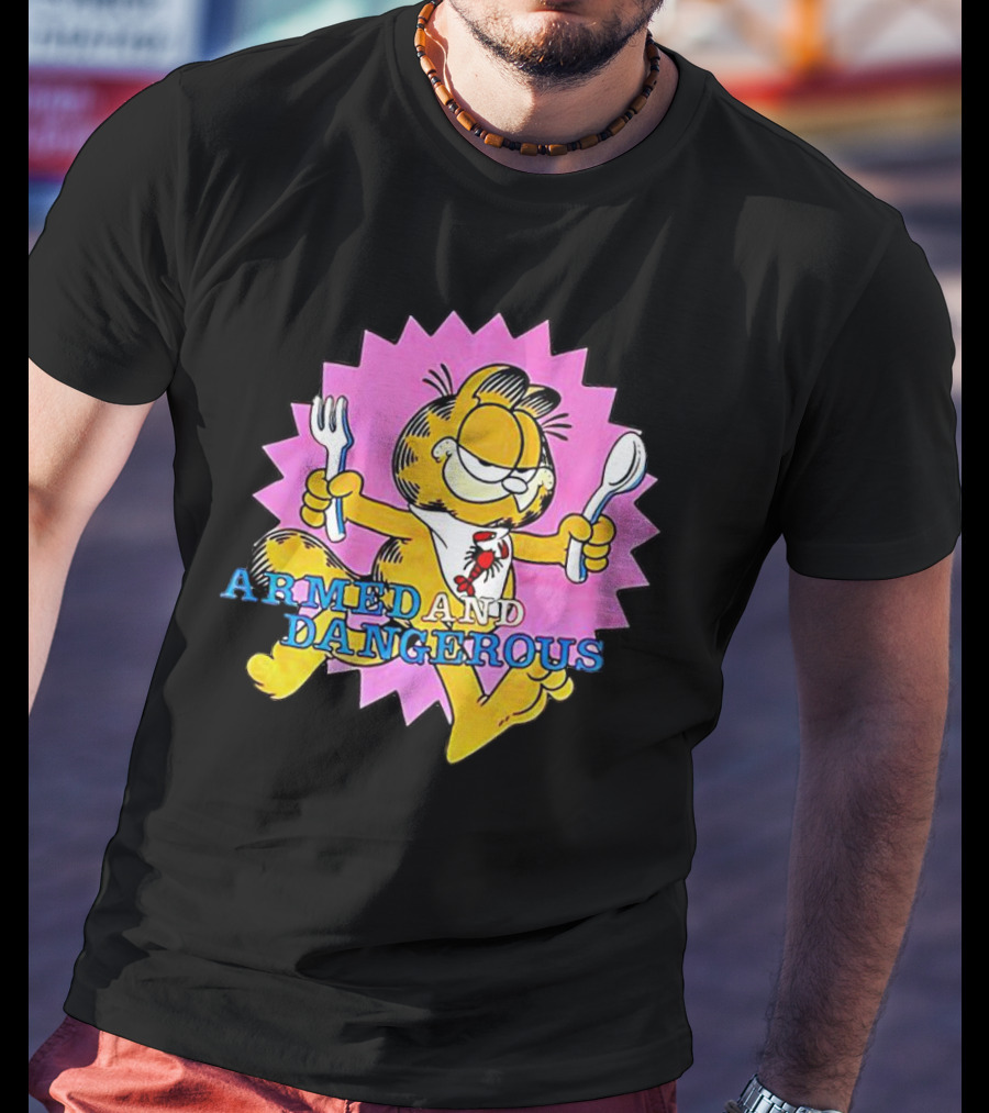 Armed And Dangerous Garfield With Fork And Spoon On Pink Starbursts T-Shirt