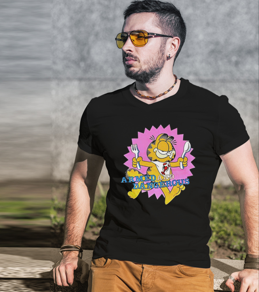 Armed And Dangerous Garfield With Fork And Spoon On Pink Starbursts T-Shirt