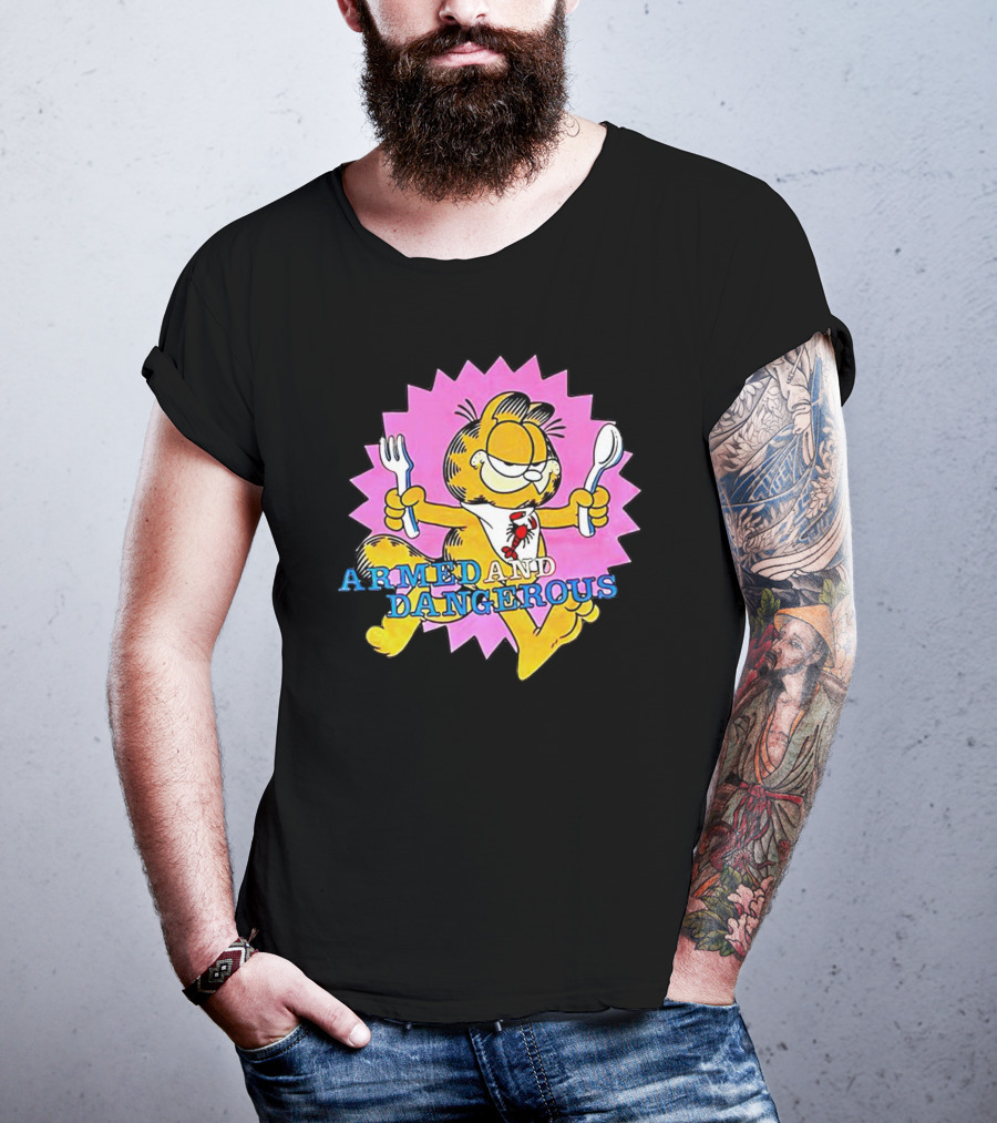 Armed And Dangerous Garfield With Fork And Spoon On Pink Starbursts T-Shirt