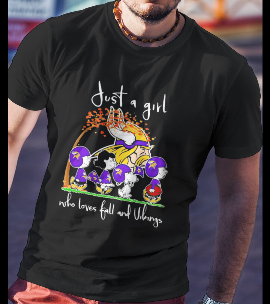 Peanuts Characters Just A Girl Who Loves Fall And Vikings With Autumn Tree And Football Helmets T-Shirt