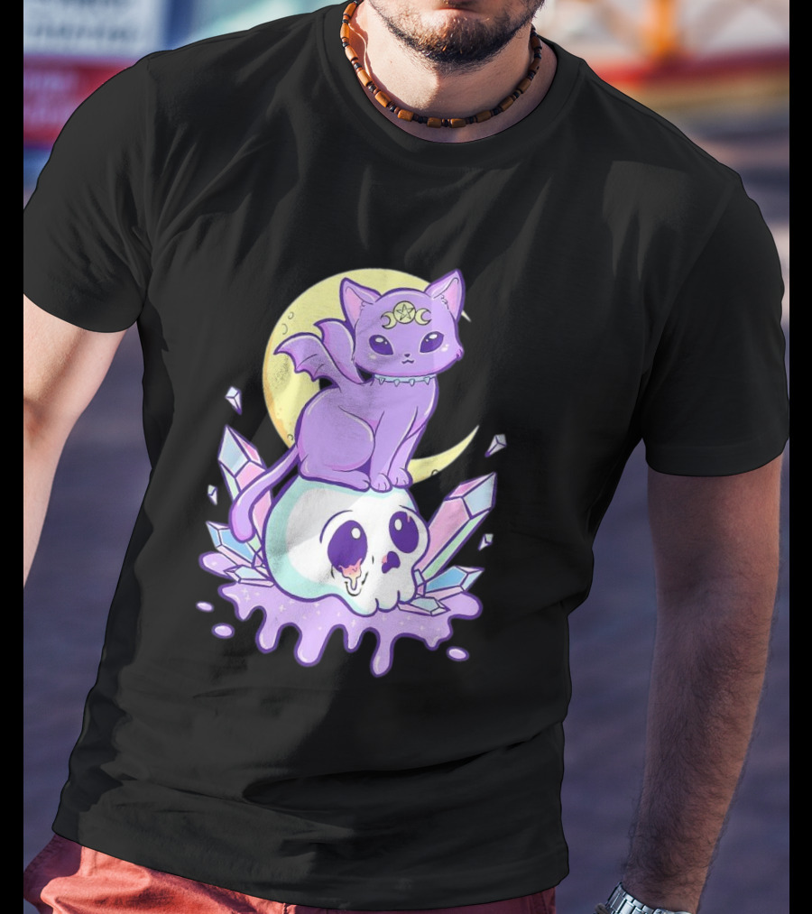Witchy Cat With Moon And Skull Crystals T-Shirt
