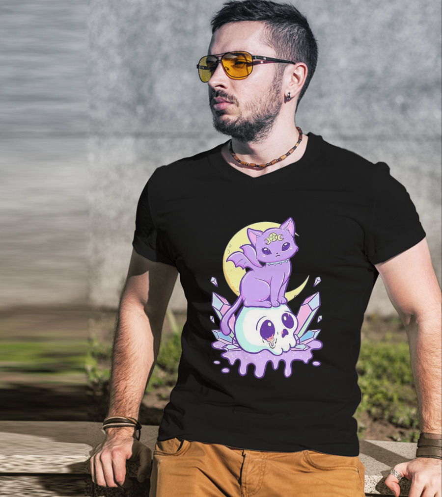 Witchy Cat With Moon And Skull Crystals T-Shirt