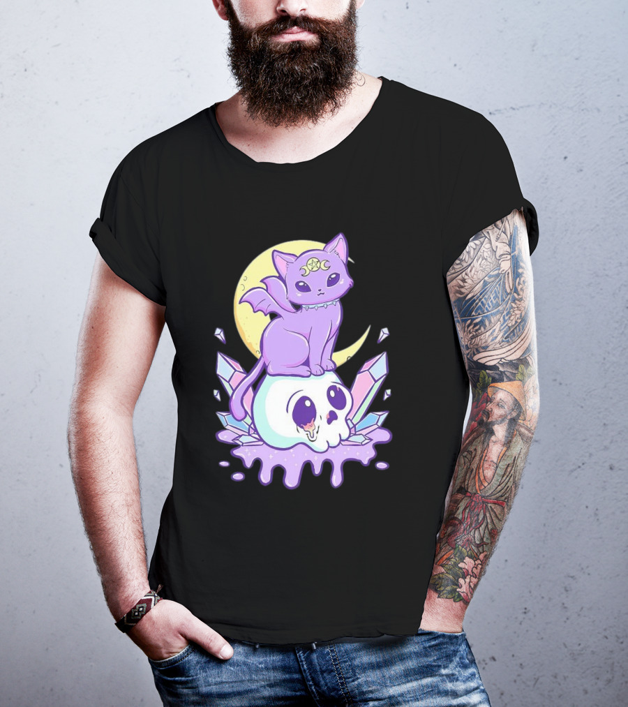 Witchy Cat With Moon And Skull Crystals T-Shirt