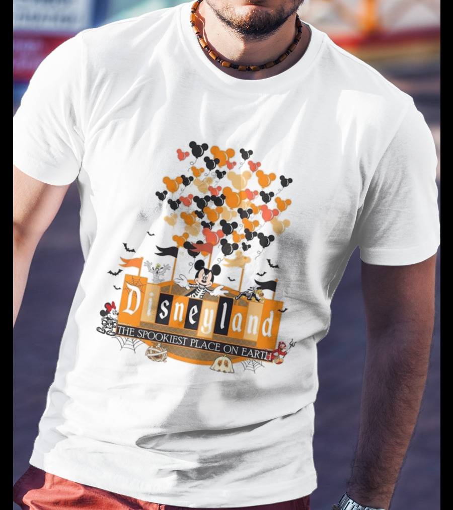 Disneyland Halloween Mickey Mouse The Spookiest Place On Earth Orange Bats And Pumpkins T-Shirt
