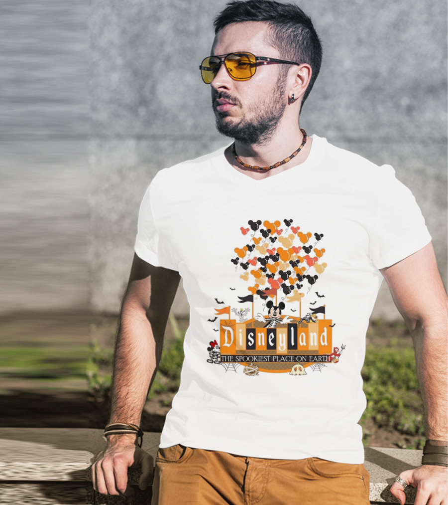 Disneyland Halloween Mickey Mouse The Spookiest Place On Earth Orange Bats And Pumpkins T-Shirt
